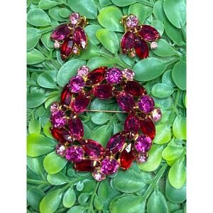 Vintage pink/ Red Juliana? 1960's Retro costume Rhinestone 3pc Brooch & earrings
